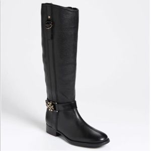 TORY BURCH Black Elina Textured Riding Boots Gold Emblem Size 7.5